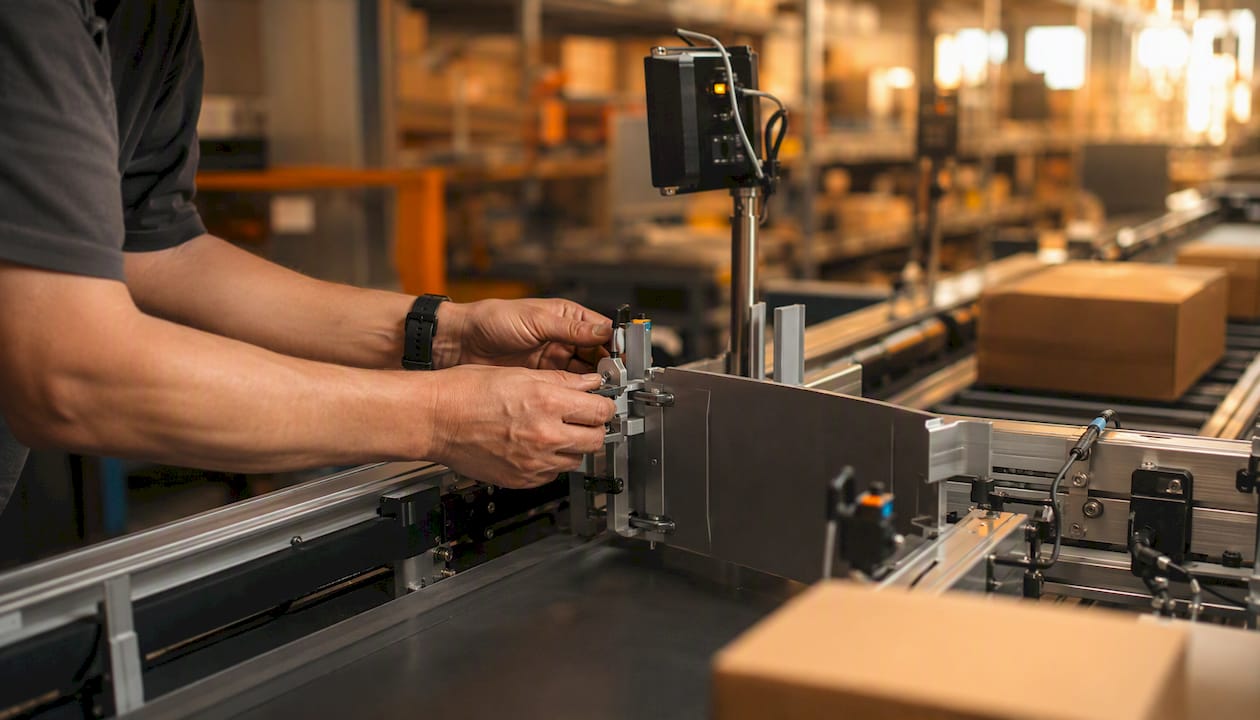 Conveyor belt with package sorting in warehouse