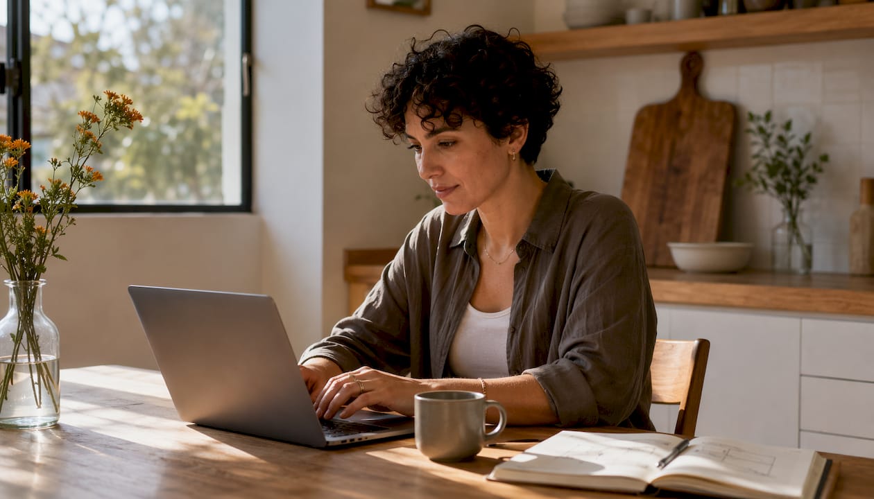 Ecommerce manager typing on laptop at home desk