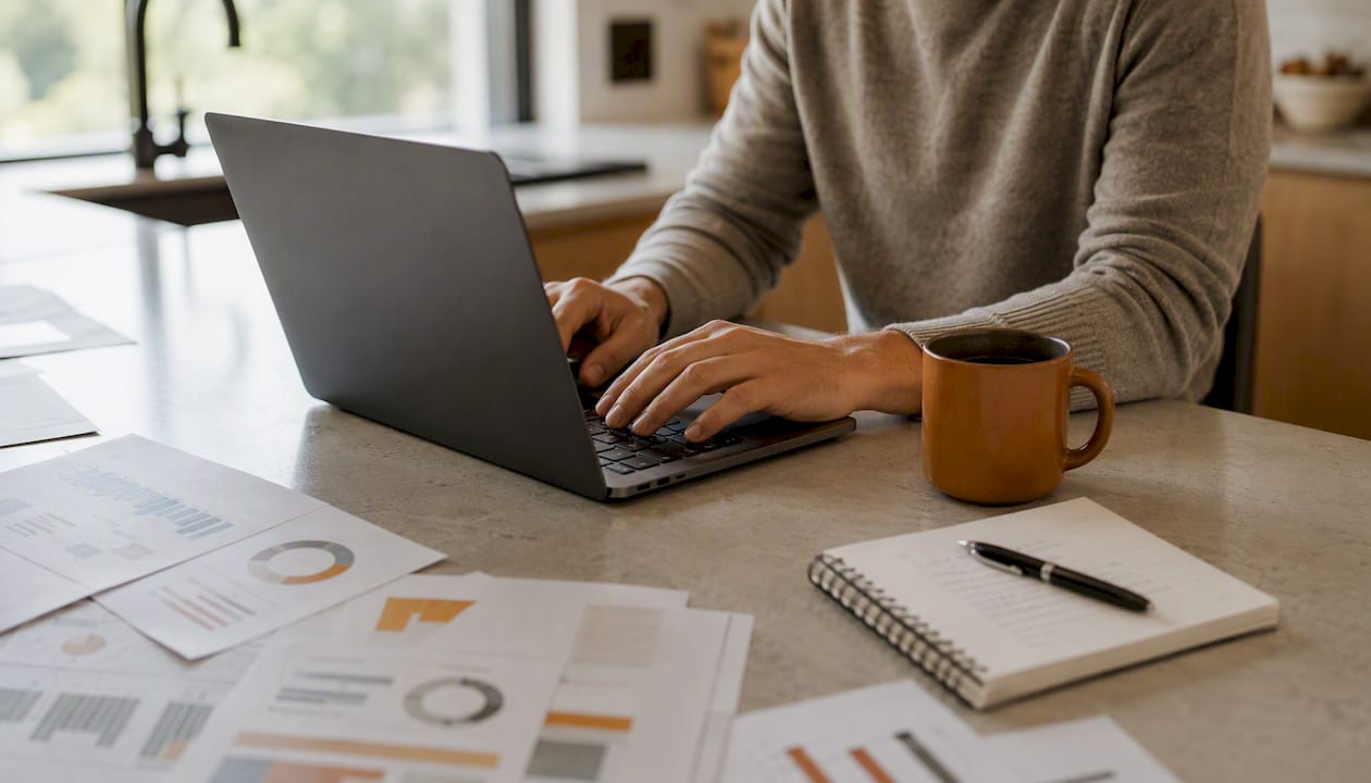 Hands typing on laptop with charts nearby
