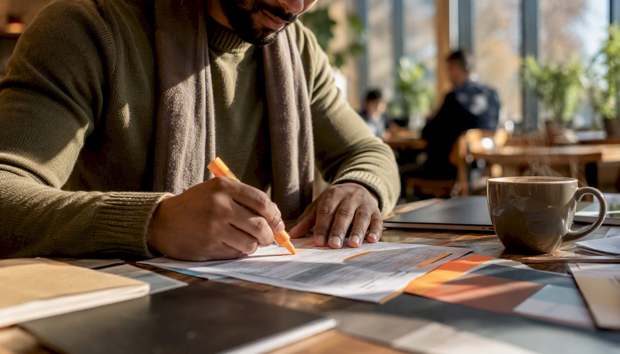 Hands using tablet amidst e-commerce software comparison papers