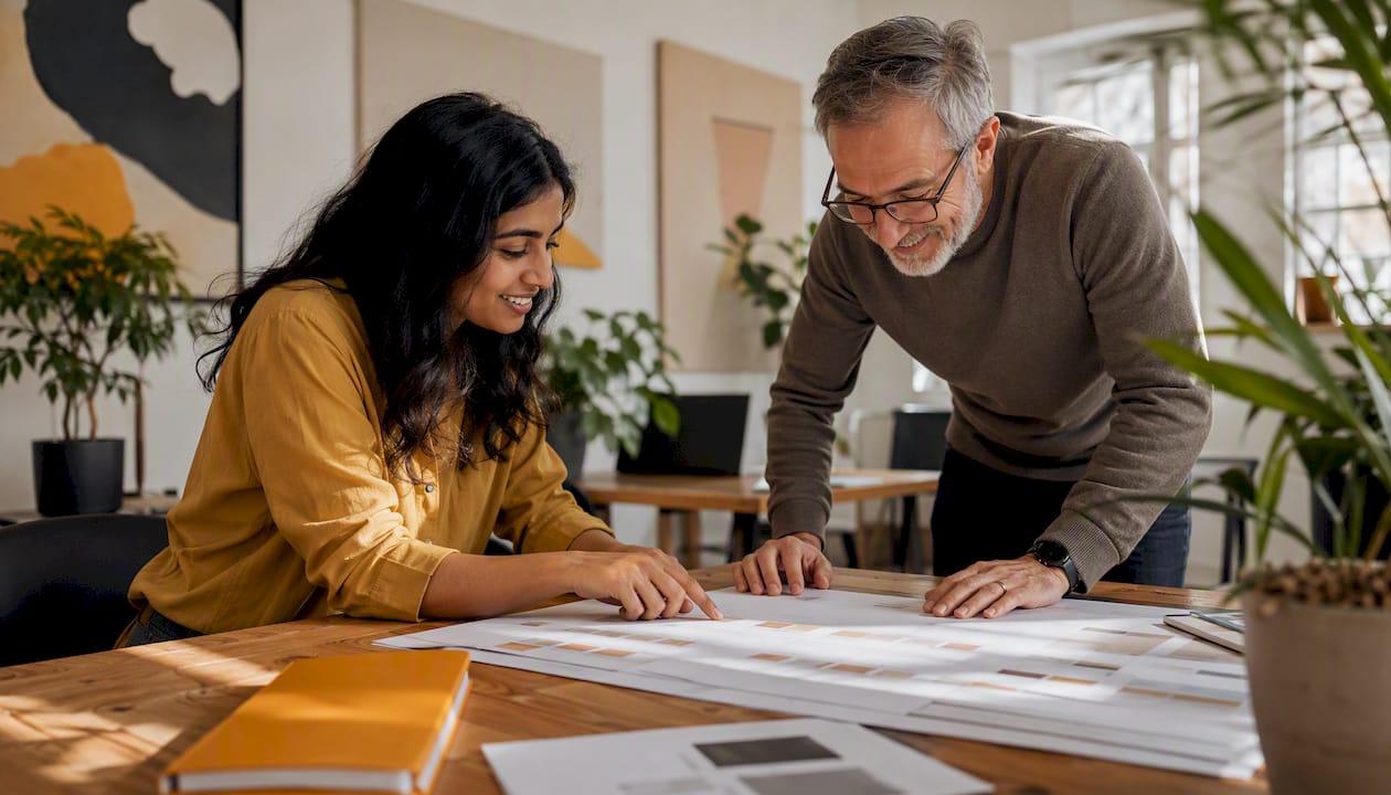 Two colleagues reviewing customer support migration paperwork