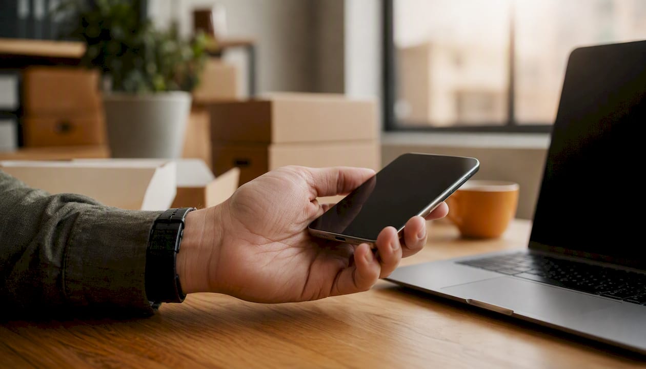 Hand holding smartphone at e-commerce packing station